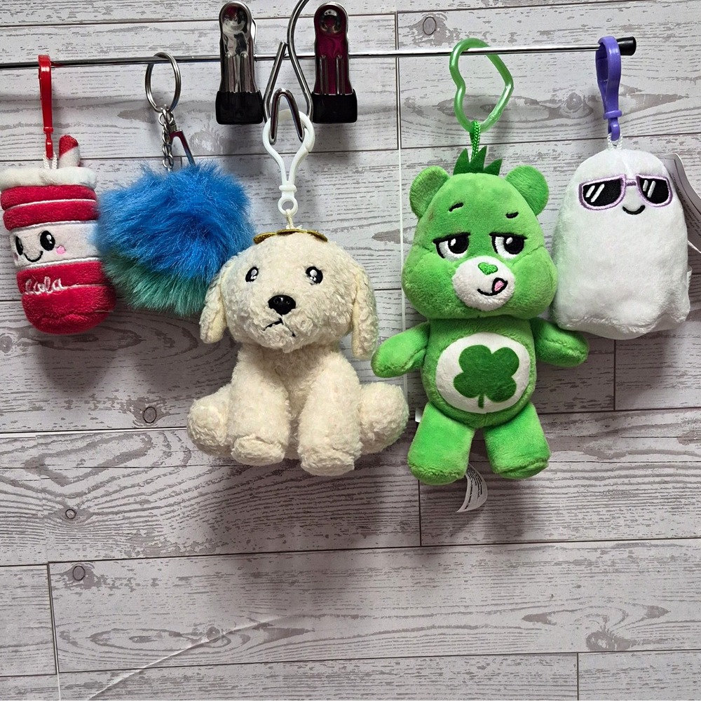 Lot of 5 Plush stuffed  Keychains Lucky Care Bear, Dog, Ghost Cola Cup Pom-Pom